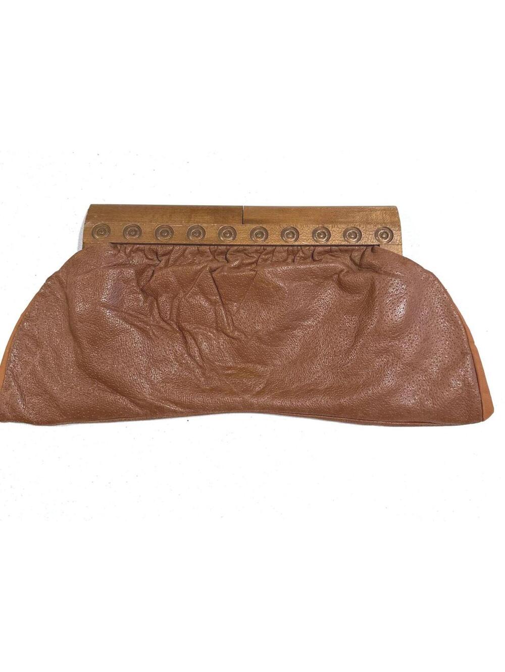 Vintage 70s Brown Boho Leather and Wood Handle Clutch